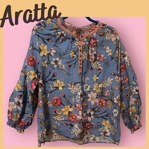 NWT Blue Floral Print Lawn Cotton Henley Blouse Boho Hippie Maui Mama by Aratta
